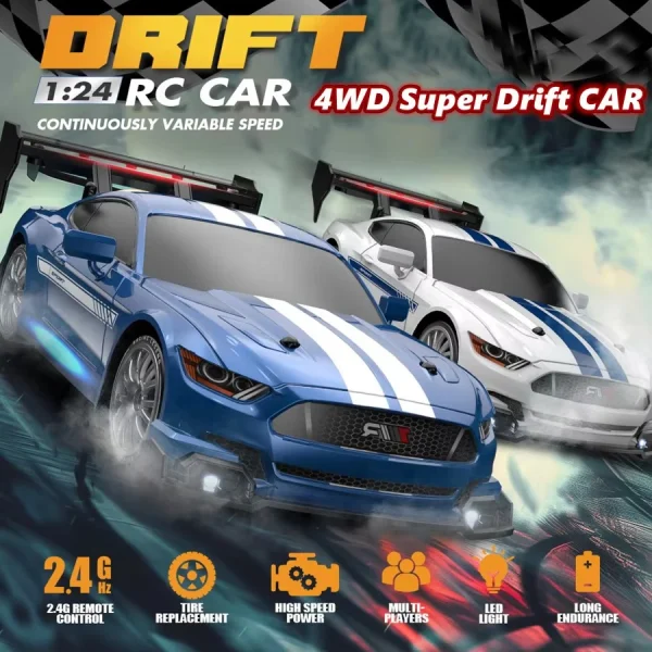 1:24 High Speed RC Drift Vehicle Cars Mustang 4WD Remote Control Racing Car Gift Competition Race Car Boys Toy Replaceable Tire - Image 2