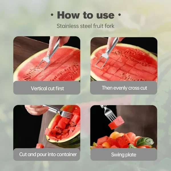 2-in-1 Stainless Steel Fruit Cutter,Dual Head Watermelon Fork Cutter Slicer Tool for Home Kitchen Gadget Melon Cube Cutter - Image 3